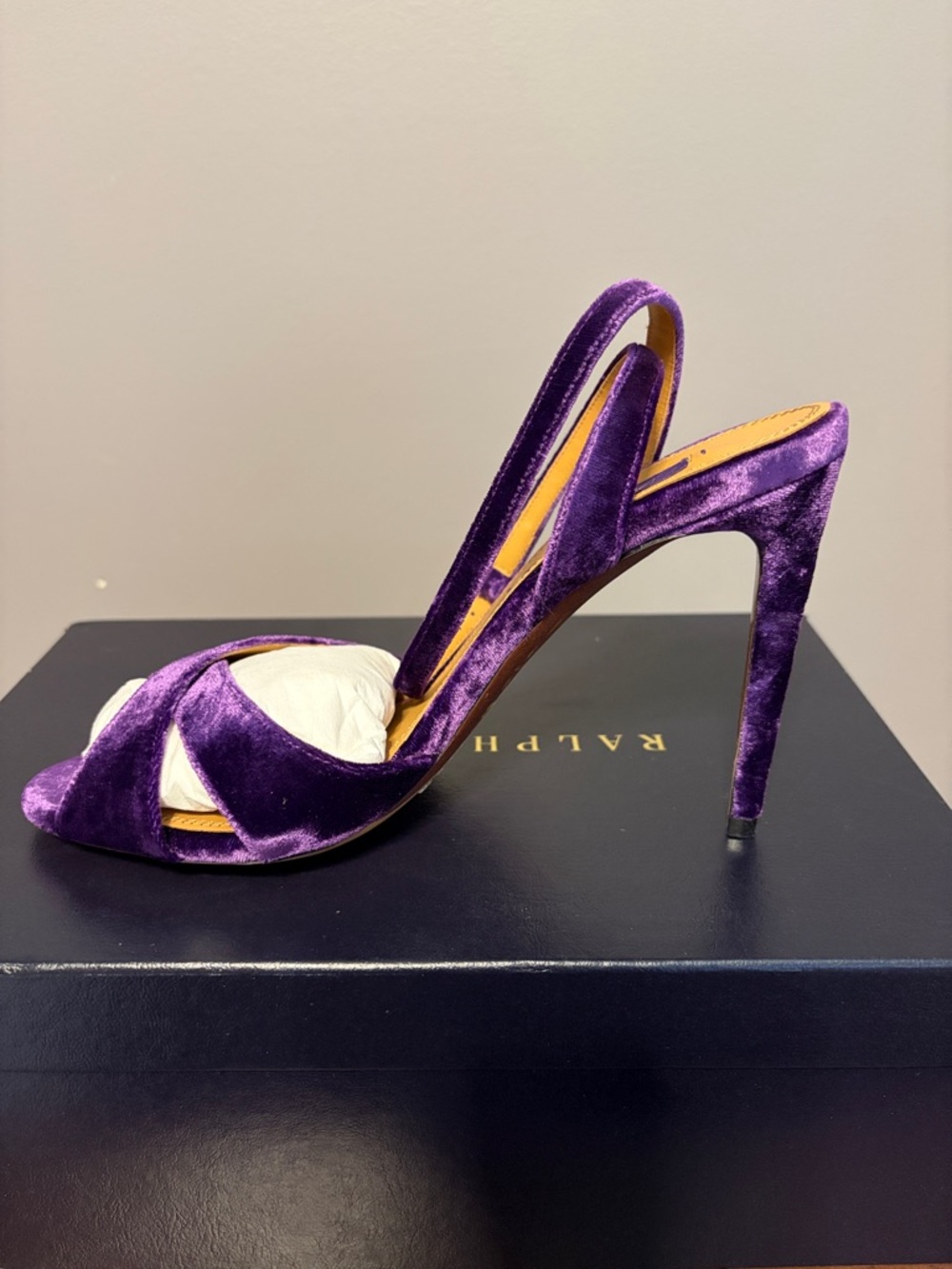 NEW IN BOX Ralph Lauren Purple Label Purple Velvet Slingback Stiletto Heels